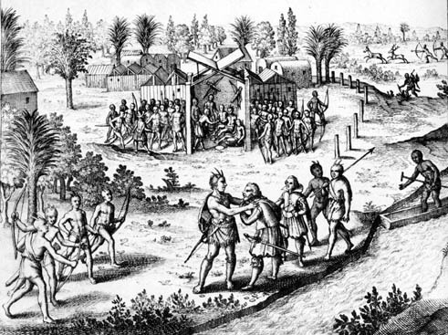 This 17th-century European engraving depicts Powhatan receiving Ralph Hamor, secretary of the Virginia colony, and interpreter Thomas Savage in 1614 at the chief’s new capital of Matchcot on the Pamunkey River.