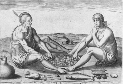 “Their sitting at meate,” Theodor de Bry engraving. Jamestown-Yorktown Foundation Collection.