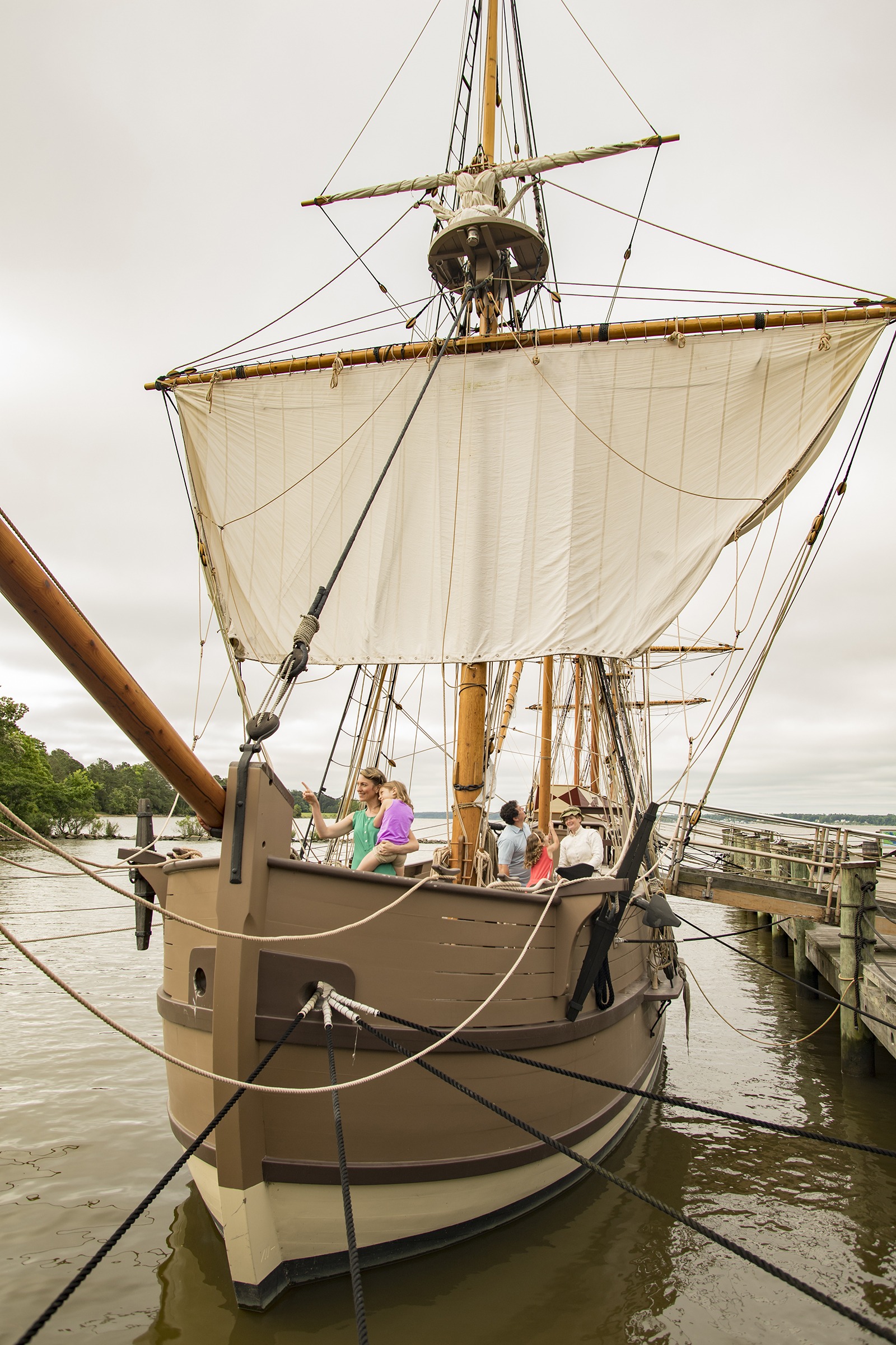 Ship raising a sail at Jamestown Settlement