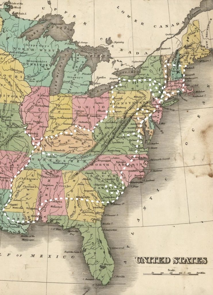 A map of the Eastern United States showing Lafayette's 1824 Grand Tour route.