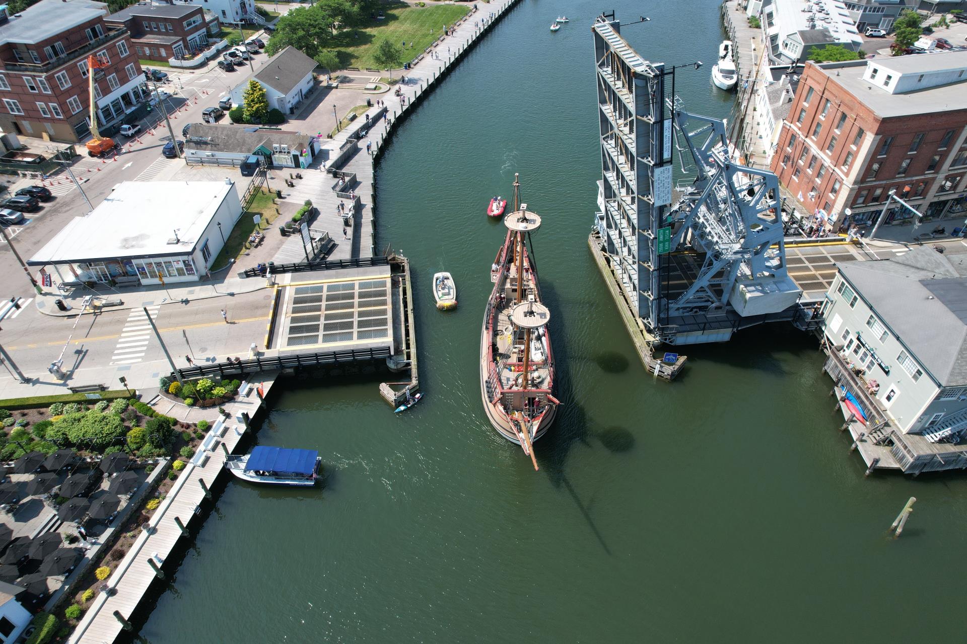 The Susan Constant passes the Mystic River Bascule Bridge. Mystic Seaport Museum photo.