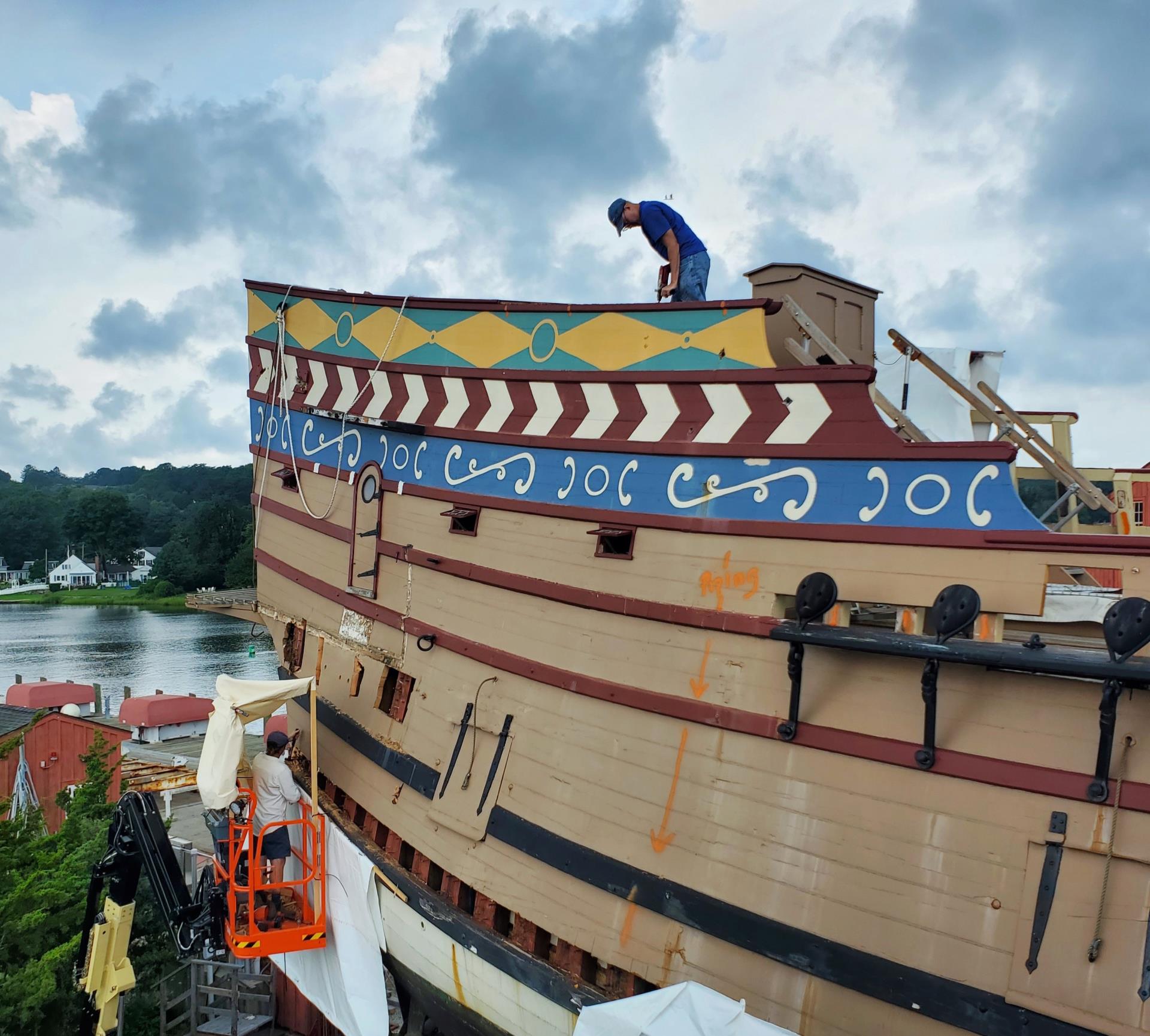 Shipwrights begin removal of Susan Constant's starboard stern planking and quarterdeck caprail on August 6, 2024.