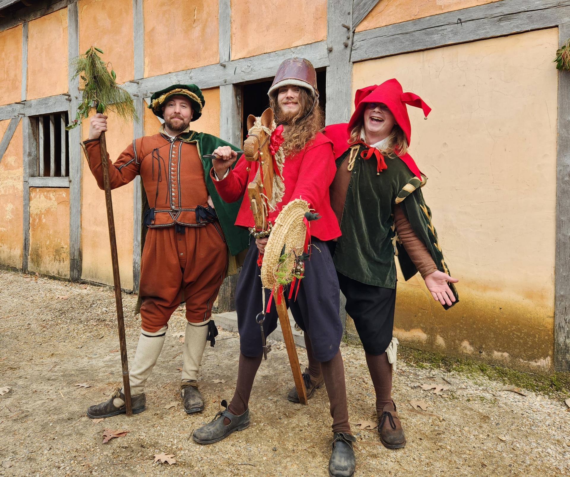 Costumed interpreters of the Lord of Misrule and his merry men