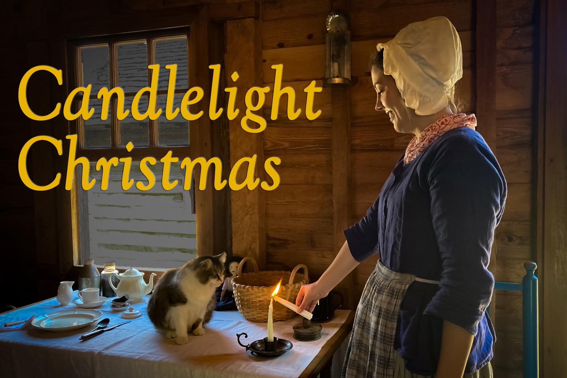 A woman in colonial clothing lights a candle while a cat watches