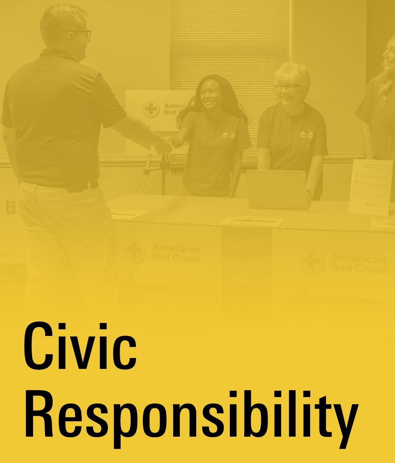 People greeting each other with a yellow overlay and text "Civic Responsibility"