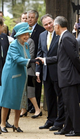 The Queen and Duke of Edinburgh are welcomed at Jamestown Settlement.