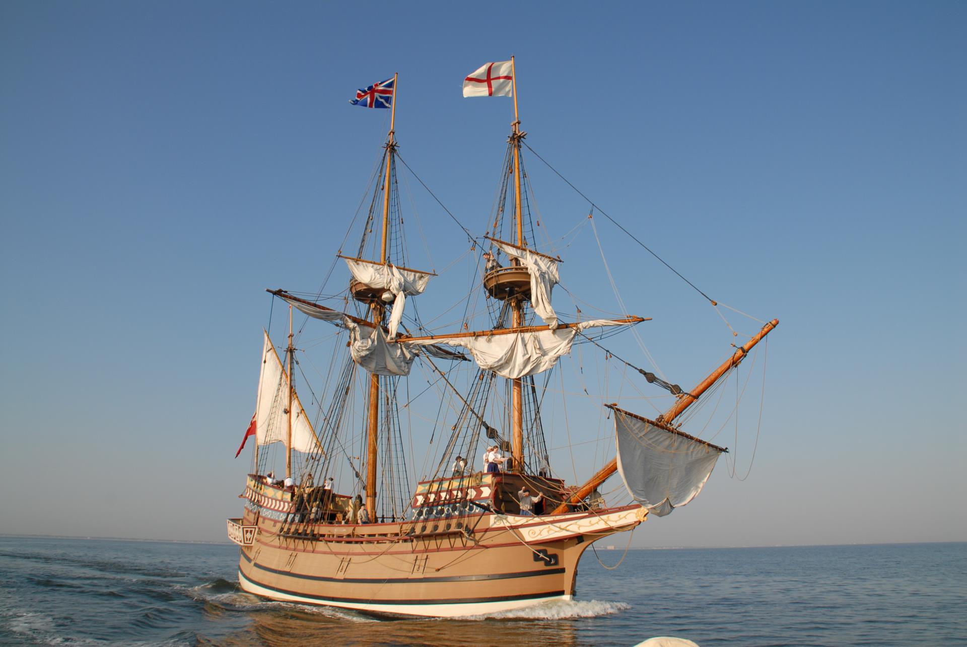 April 25, 2007: Crew aboard the Susan Constant prepare to unfurl the sails on the square-rigged ship.