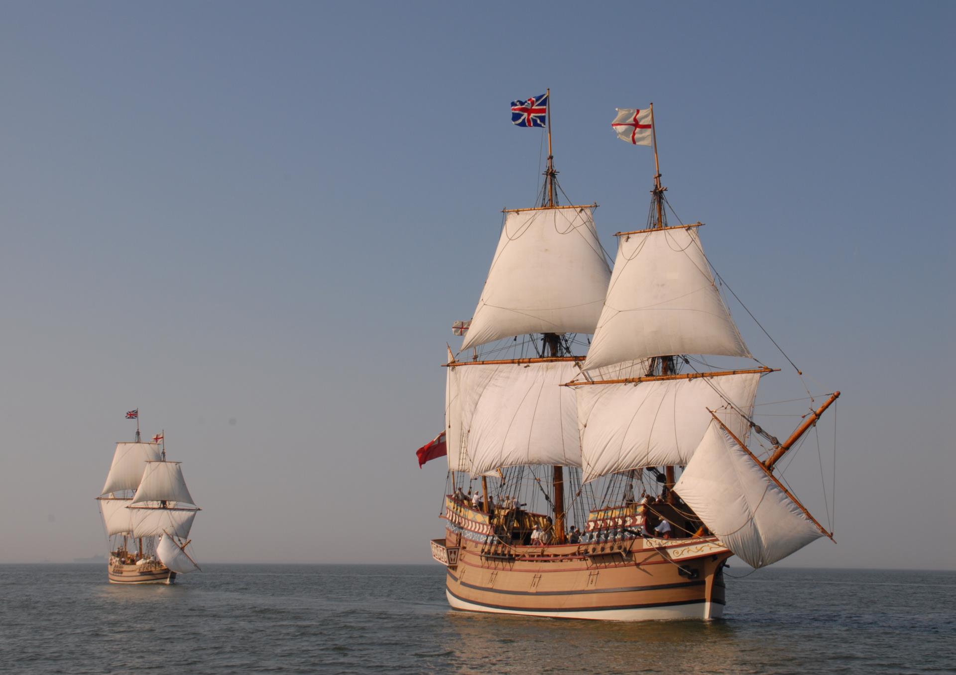 April 25, 2007: Susan Constant sails past Godspeed in the Chesapeake Bay.