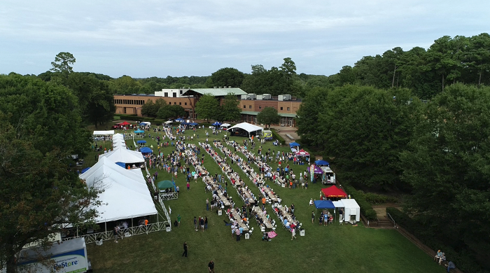 Outdoor event set up on the Mall at Jamestown Settlement