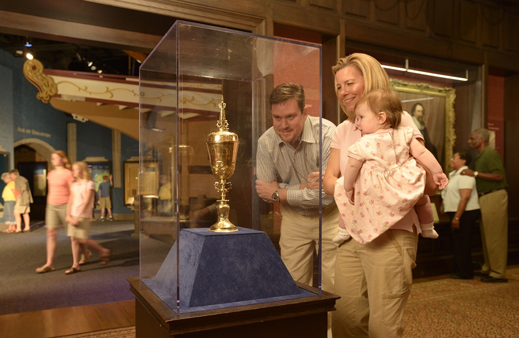 A silver-gilt steeple cup dating to 1616 in the Virginia Company of London exhibit