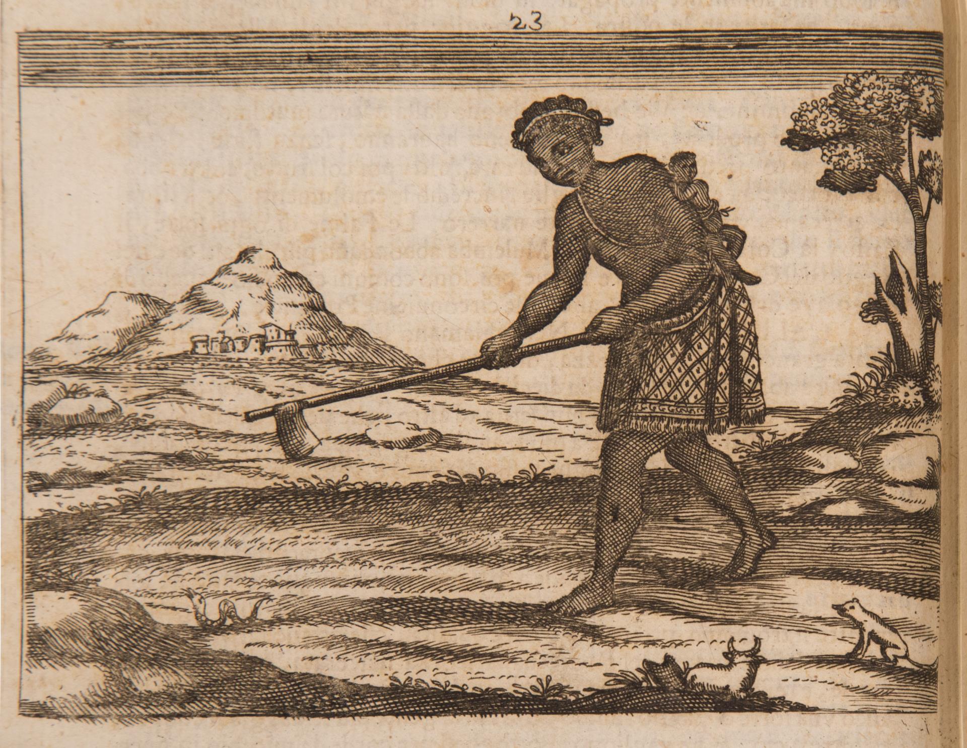 “Woman Hoeing,” engraving by Fortunato da Alemandini after a watercolor by Giovani Antonio Cavazzi da Montecuccolo in Istorica Descrittione De’ Tre Regni Congo, Matamba, et Angola, 1687. Jamestown-Yorktown Foundation, JYF2002.20.