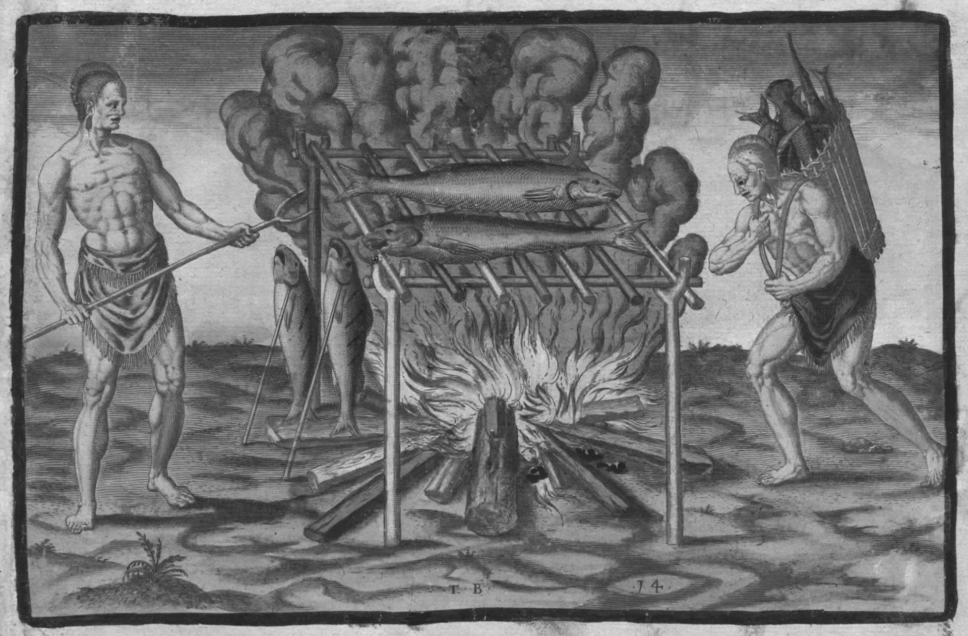 “The browyllinge of their fishe over the flame,” engraving by Theodor de Bry after a watercolor of John White, 1577-1590. From A Briefe and True Report of the New Found Land of Virginia, 1590. Jamestown-Yorktown Foundation, JS84.01.09.