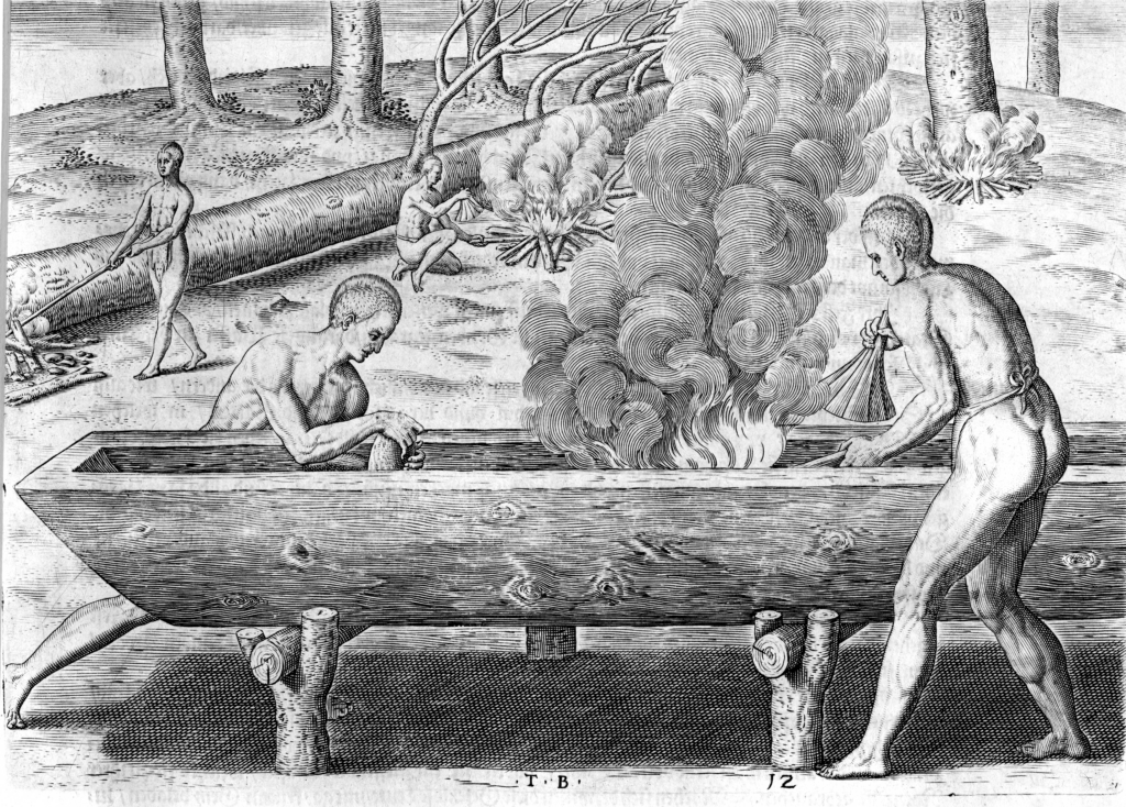 “The manner of making their boates,” engraving by Theodor de Bry. From A Brief and True Report of the New Found Land of Virginia, 1590. Jamestown-Yorktown Foundation, JS83.01.03.